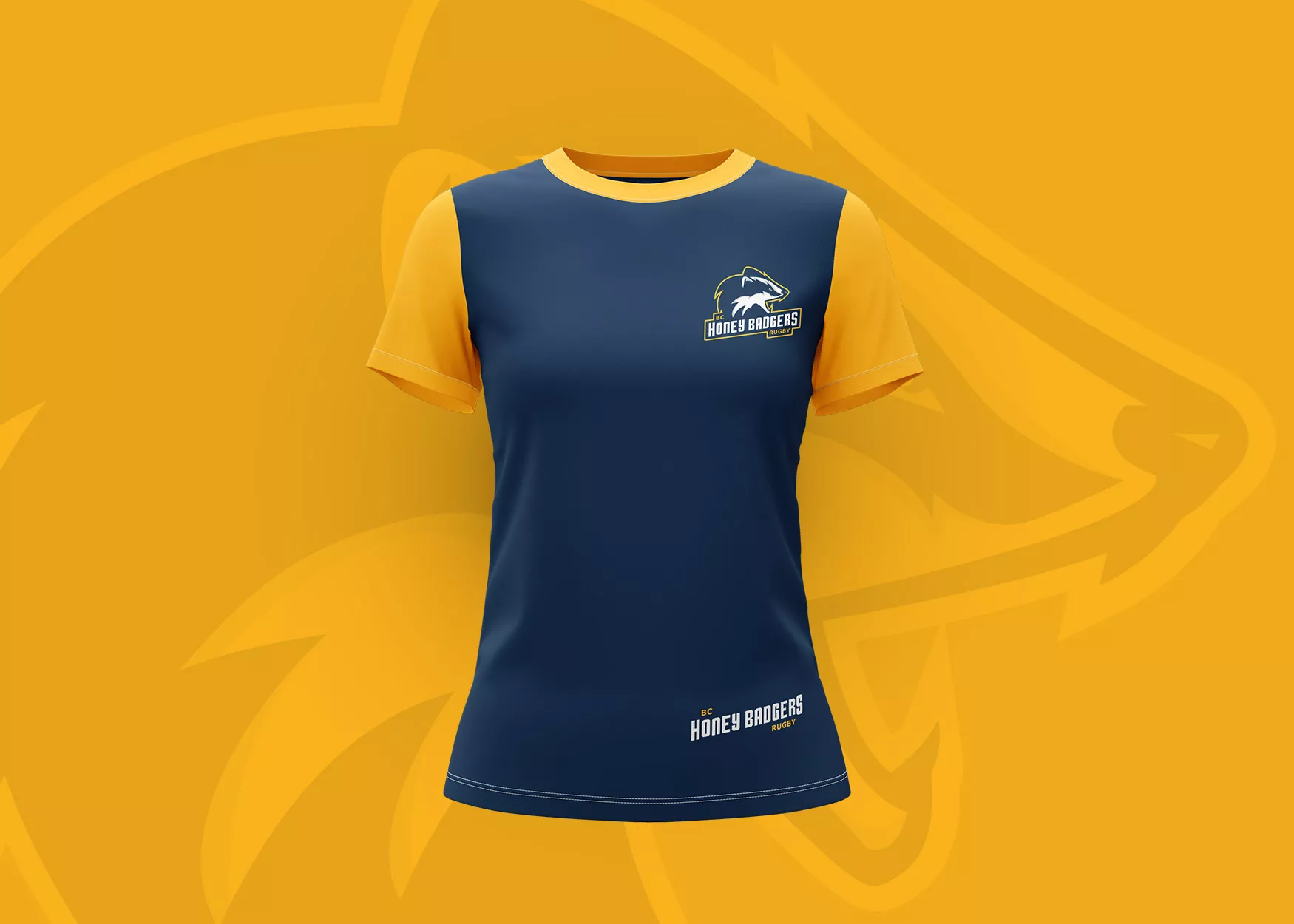 front of a blue and yellow tshirt