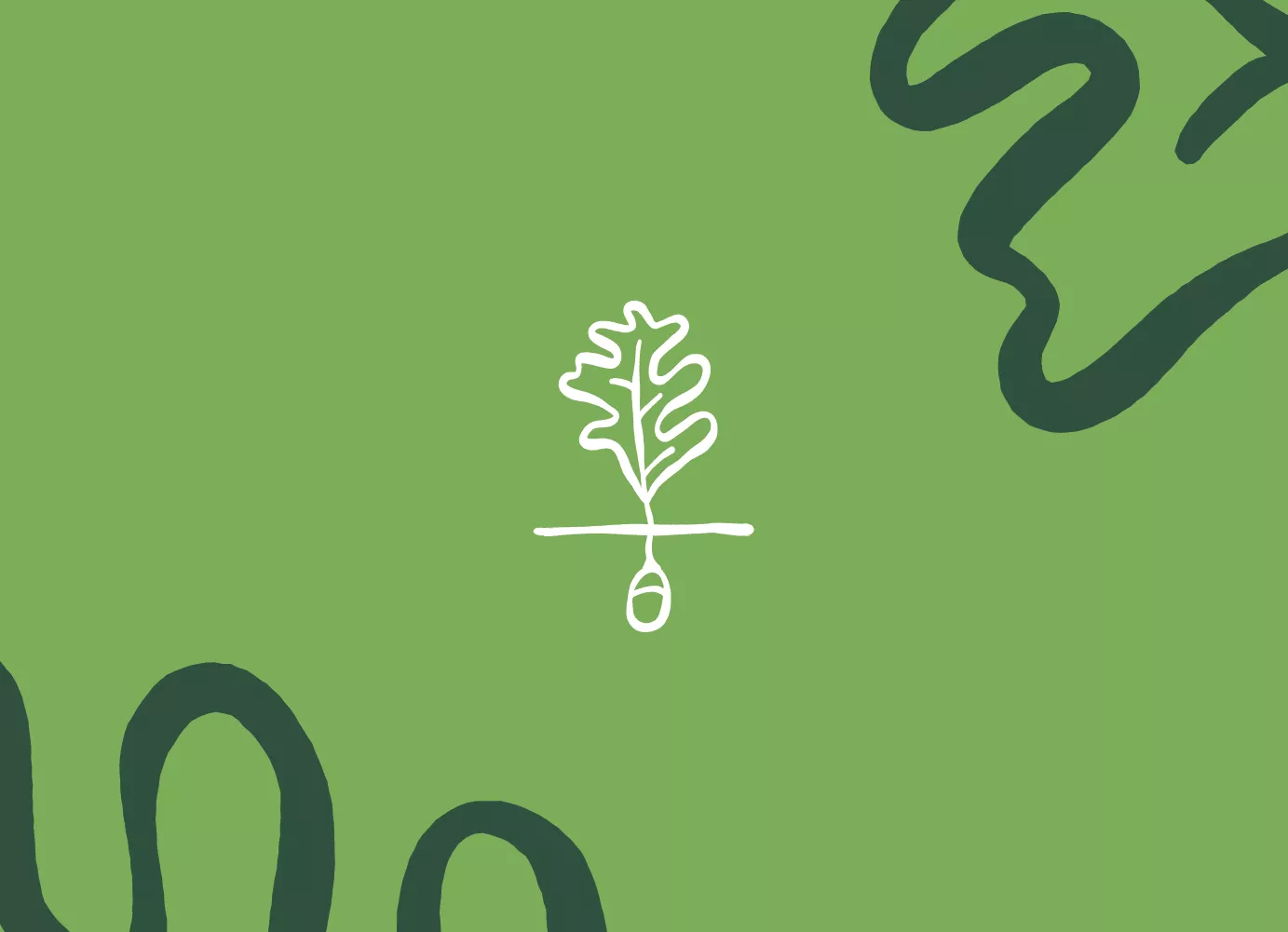 White acorns to mighty oaks logo on green background